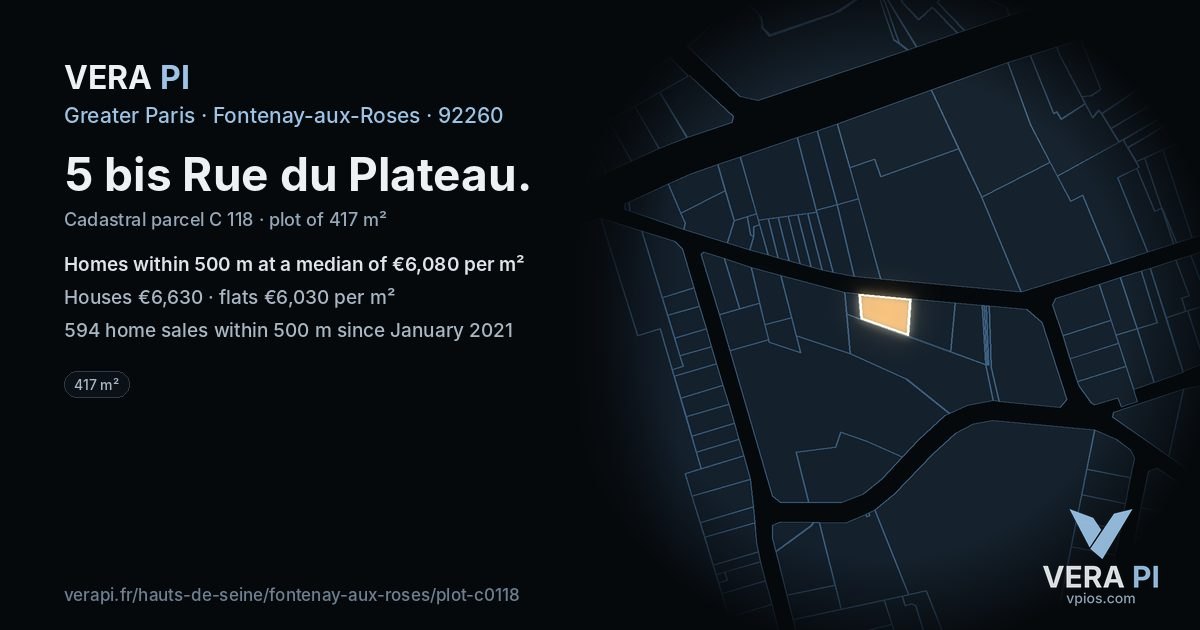 5 bis Rue du Plateau, Fontenay-aux-Roses at night – the plot lit, the parcels around coloured by the prices near them