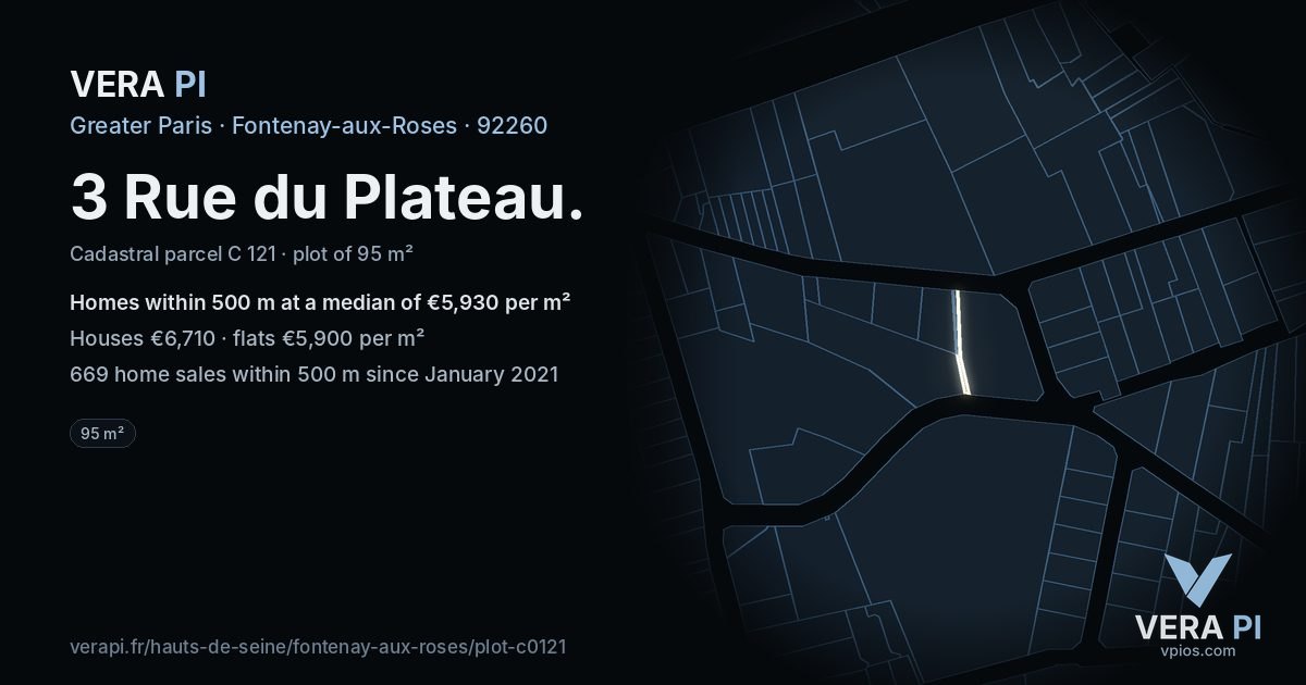 3 Rue du Plateau, Fontenay-aux-Roses at night – the plot lit, the parcels around coloured by the prices near them
