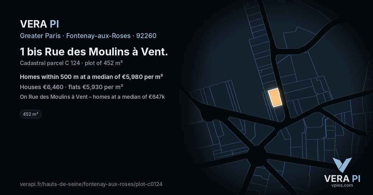 1 bis Rue des Moulins à Vent, Fontenay-aux-Roses at night – the plot lit, the parcels around coloured by the prices near them