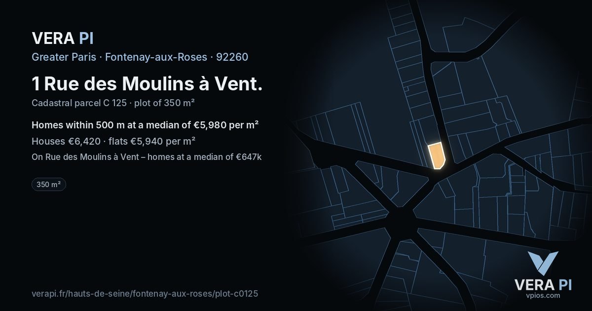 1 Rue des Moulins à Vent, Fontenay-aux-Roses at night – the plot lit, the parcels around coloured by the prices near them