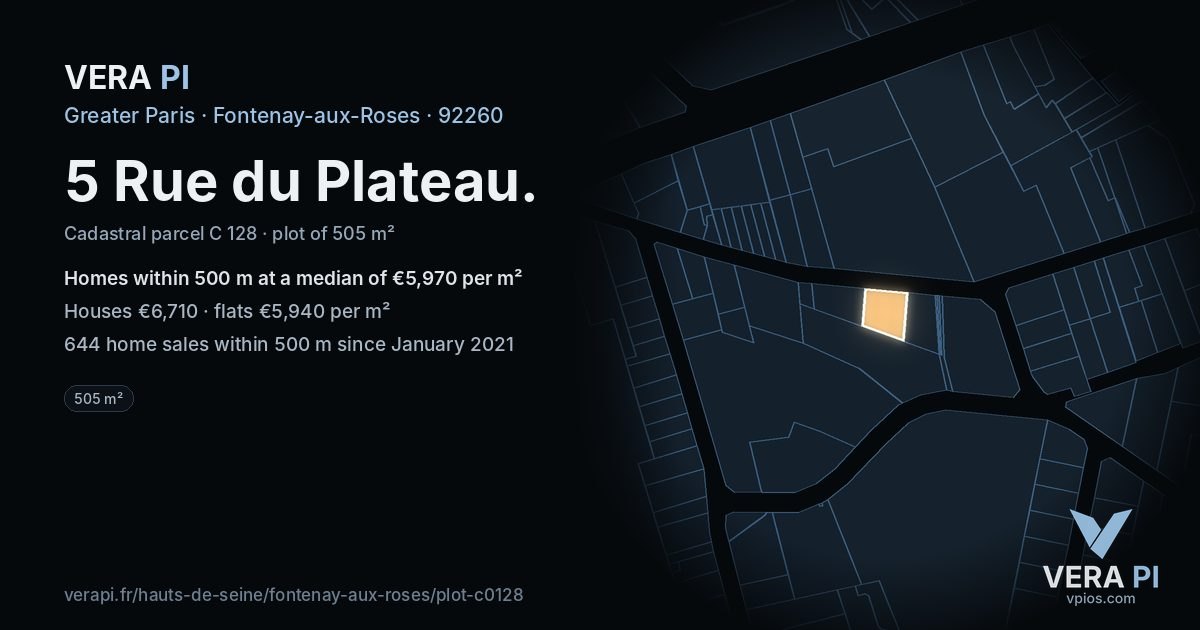 5 Rue du Plateau, Fontenay-aux-Roses at night – the plot lit, the parcels around coloured by the prices near them