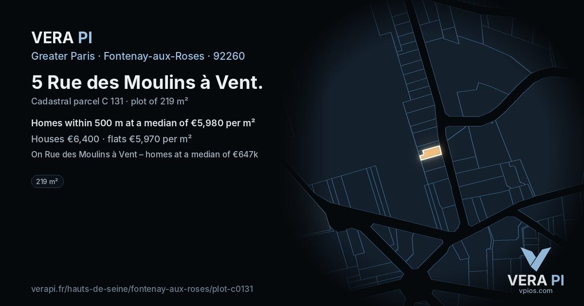 5 Rue des Moulins à Vent, Fontenay-aux-Roses at night – the plot lit, the parcels around coloured by the prices near them