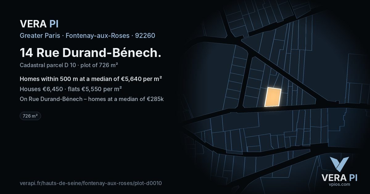 14 Rue Durand-Bénech, Fontenay-aux-Roses at night – the plot lit, the parcels around coloured by the prices near them