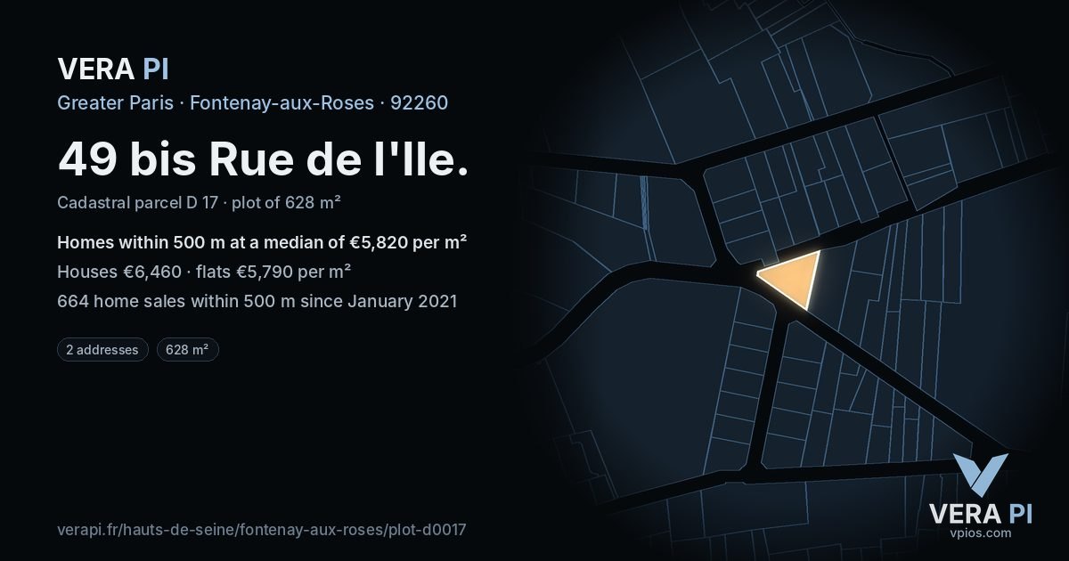 49 bis Rue de l'Ile, Fontenay-aux-Roses at night – the plot lit, the parcels around coloured by the prices near them