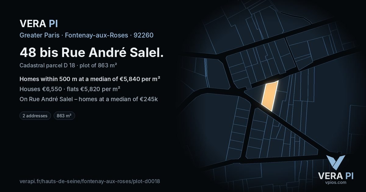 48 bis Rue André Salel, Fontenay-aux-Roses at night – the plot lit, the parcels around coloured by the prices near them