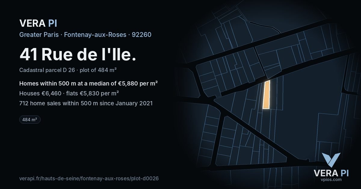 41 Rue de l'Ile, Fontenay-aux-Roses at night – the plot lit, the parcels around coloured by the prices near them