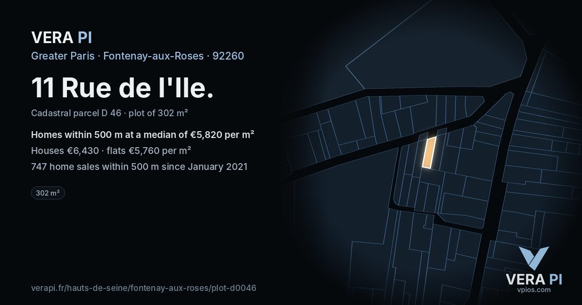 11 Rue de l'Ile, Fontenay-aux-Roses at night – the plot lit, the parcels around coloured by the prices near them
