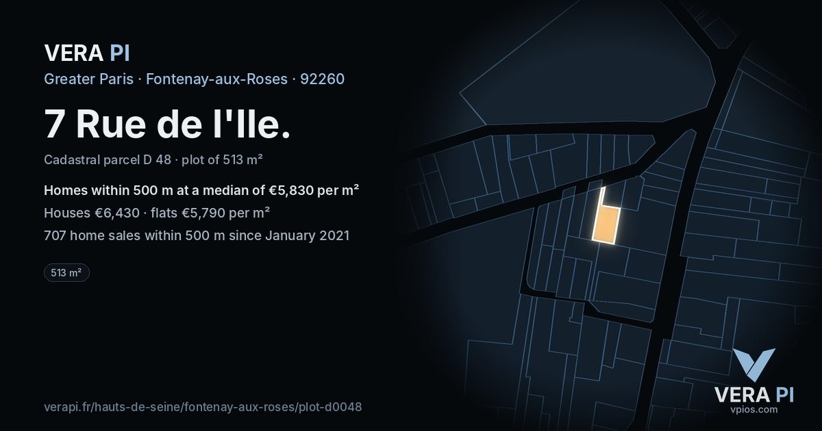 7 Rue de l'Ile, Fontenay-aux-Roses at night – the plot lit, the parcels around coloured by the prices near them