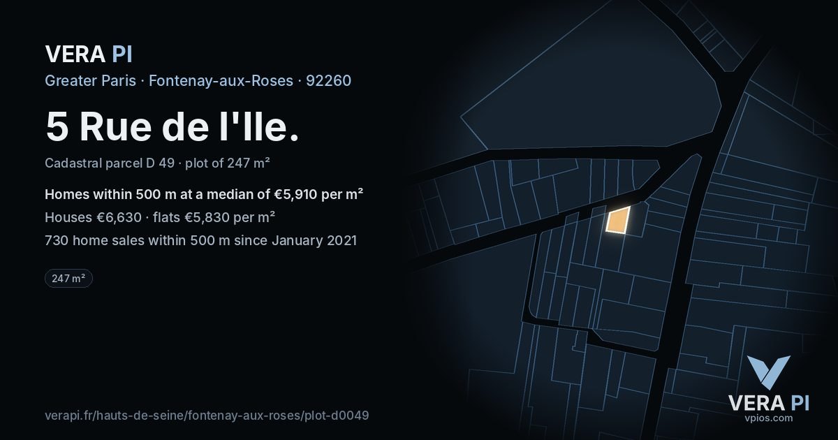 5 Rue de l'Ile, Fontenay-aux-Roses at night – the plot lit, the parcels around coloured by the prices near them