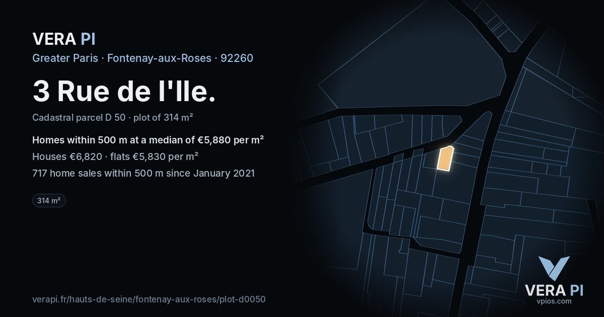 3 Rue de l'Ile, Fontenay-aux-Roses at night – the plot lit, the parcels around coloured by the prices near them