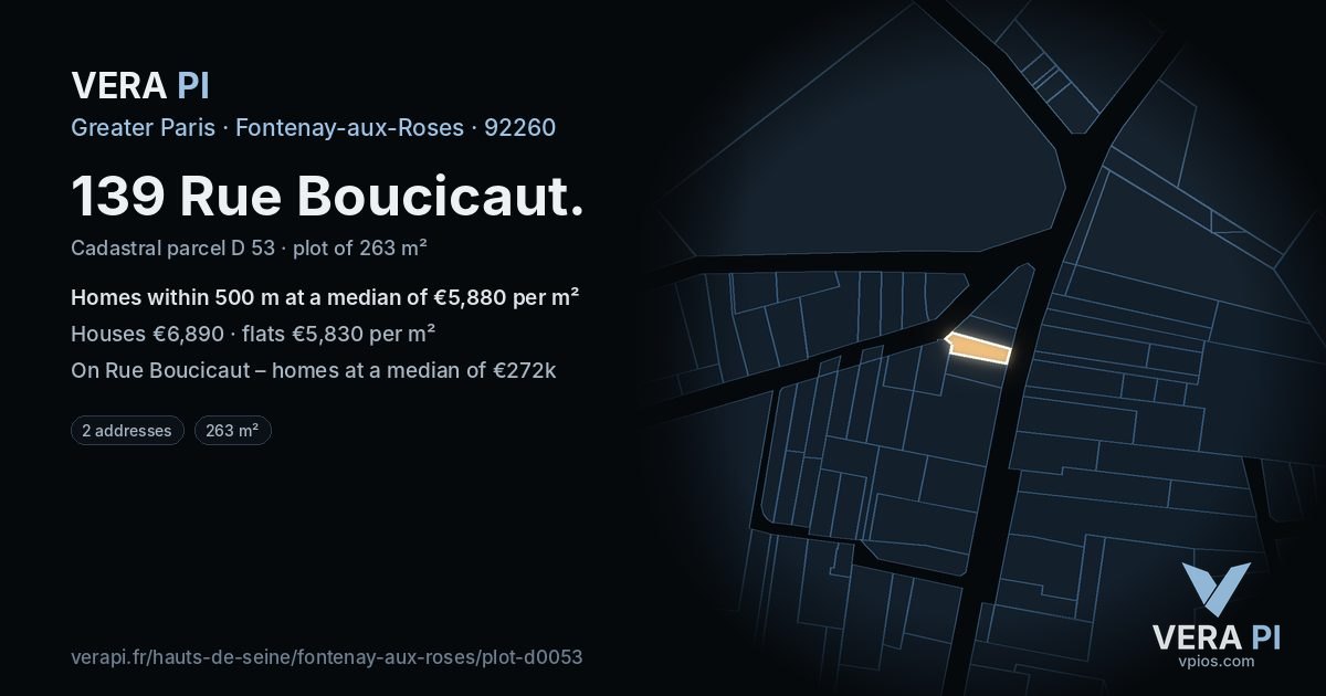 139 Rue Boucicaut, Fontenay-aux-Roses at night – the plot lit, the parcels around coloured by the prices near them