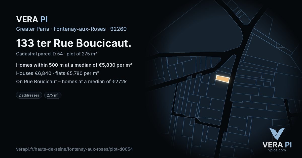 133 ter Rue Boucicaut, Fontenay-aux-Roses at night – the plot lit, the parcels around coloured by the prices near them