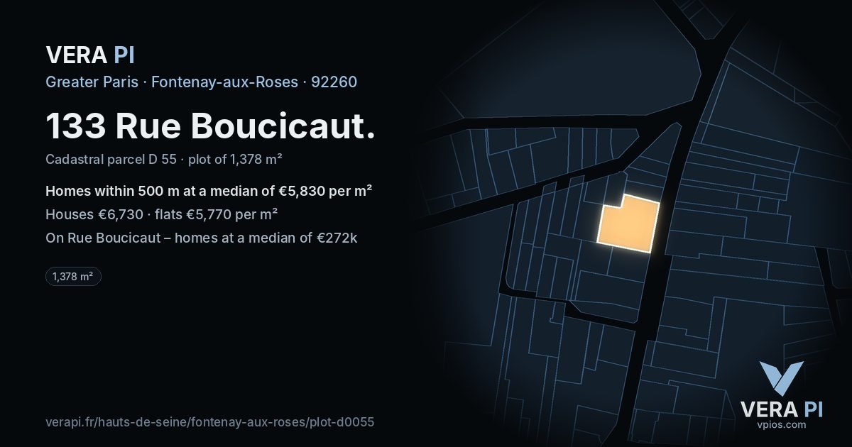 133 Rue Boucicaut, Fontenay-aux-Roses at night – the plot lit, the parcels around coloured by the prices near them