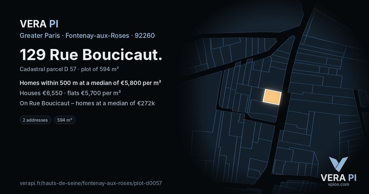 129 Rue Boucicaut, Fontenay-aux-Roses at night – the plot lit, the parcels around coloured by the prices near them