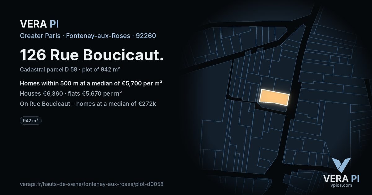 126 Rue Boucicaut, Fontenay-aux-Roses at night – the plot lit, the parcels around coloured by the prices near them