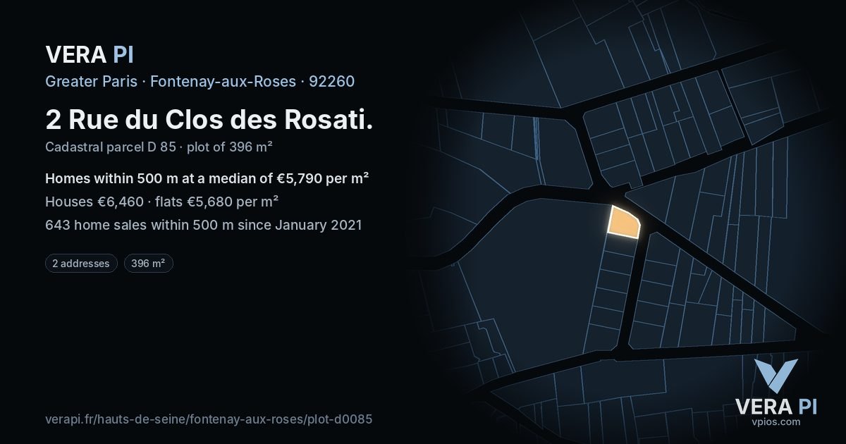 2 Rue du Clos des Rosati, Fontenay-aux-Roses at night – the plot lit, the parcels around coloured by the prices near them