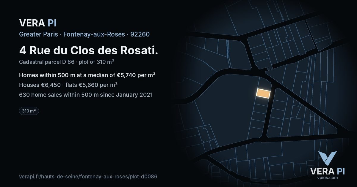 4 Rue du Clos des Rosati, Fontenay-aux-Roses at night – the plot lit, the parcels around coloured by the prices near them