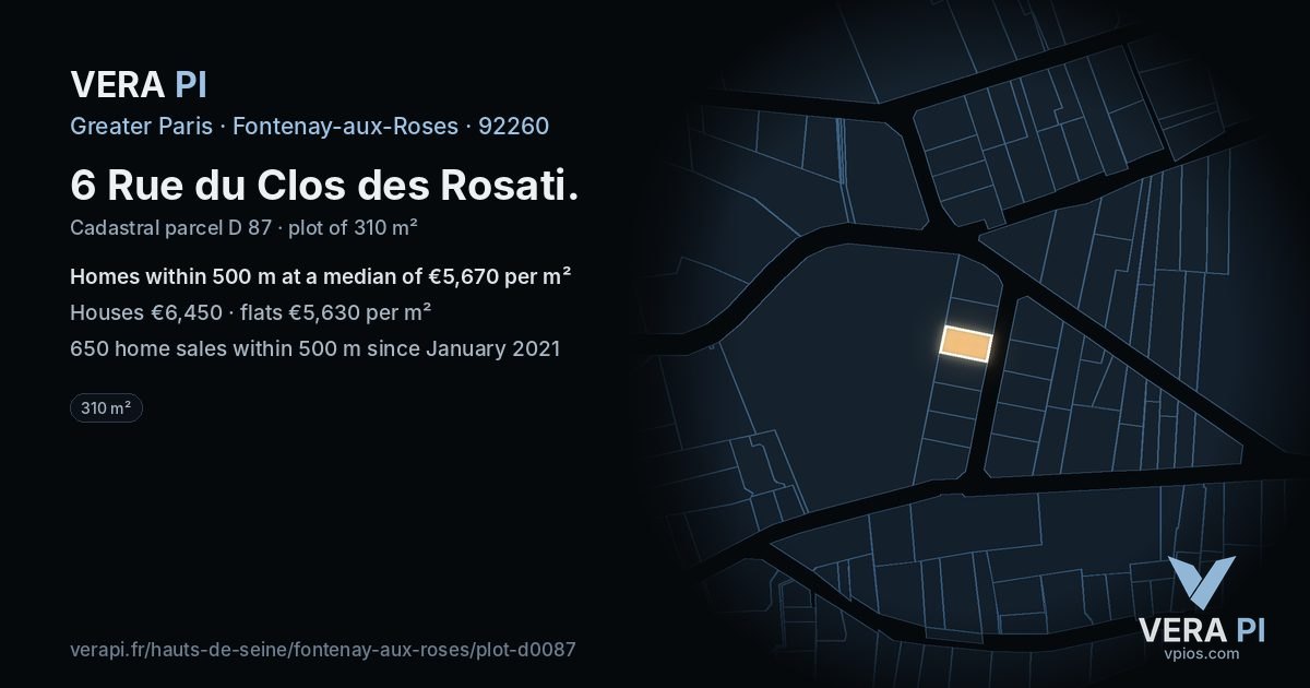 6 Rue du Clos des Rosati, Fontenay-aux-Roses at night – the plot lit, the parcels around coloured by the prices near them
