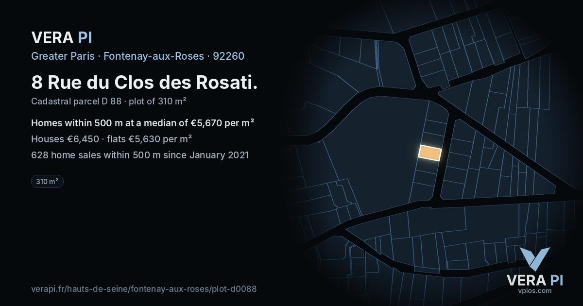 8 Rue du Clos des Rosati, Fontenay-aux-Roses at night – the plot lit, the parcels around coloured by the prices near them