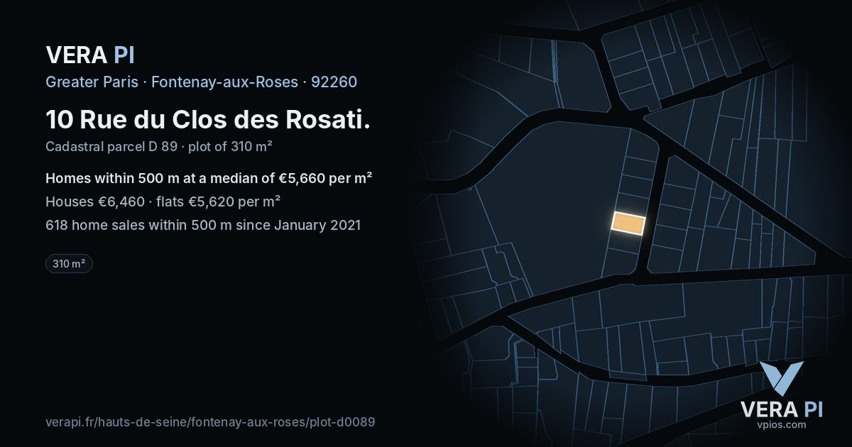 10 Rue du Clos des Rosati, Fontenay-aux-Roses at night – the plot lit, the parcels around coloured by the prices near them