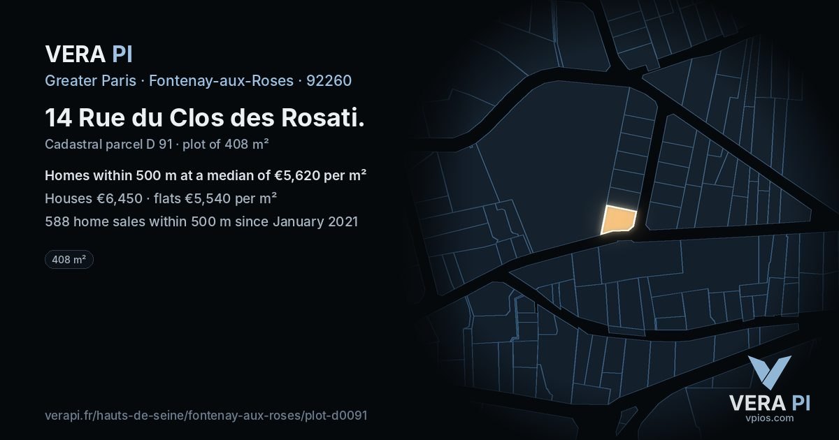 14 Rue du Clos des Rosati, Fontenay-aux-Roses at night – the plot lit, the parcels around coloured by the prices near them
