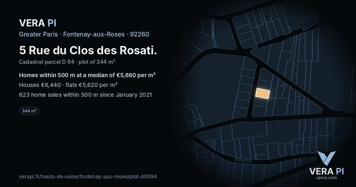 5 Rue du Clos des Rosati, Fontenay-aux-Roses at night – the plot lit, the parcels around coloured by the prices near them
