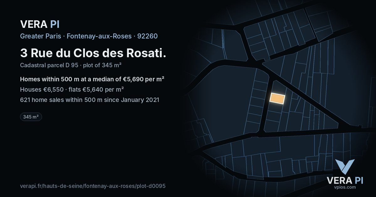 3 Rue du Clos des Rosati, Fontenay-aux-Roses at night – the plot lit, the parcels around coloured by the prices near them