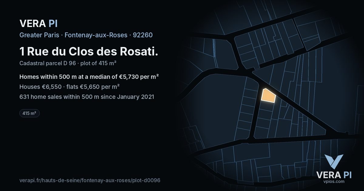 1 Rue du Clos des Rosati, Fontenay-aux-Roses at night – the plot lit, the parcels around coloured by the prices near them