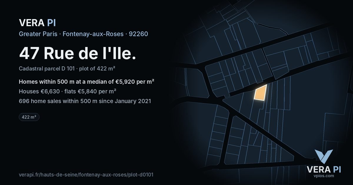 47 Rue de l'Ile, Fontenay-aux-Roses at night – the plot lit, the parcels around coloured by the prices near them