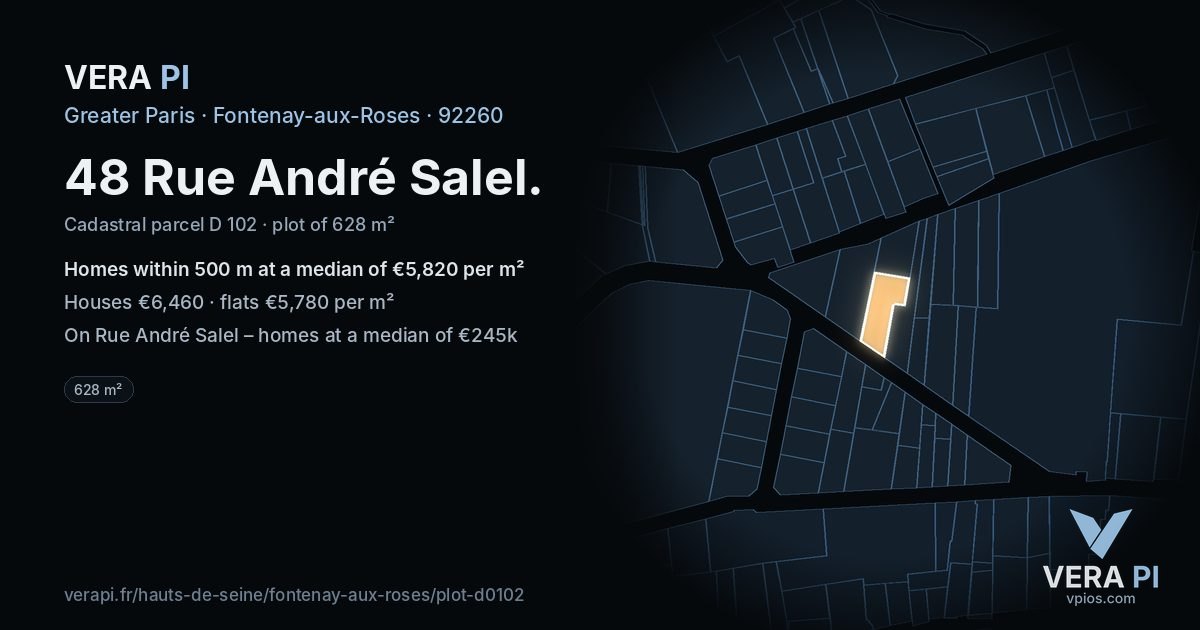 48 Rue André Salel, Fontenay-aux-Roses at night – the plot lit, the parcels around coloured by the prices near them