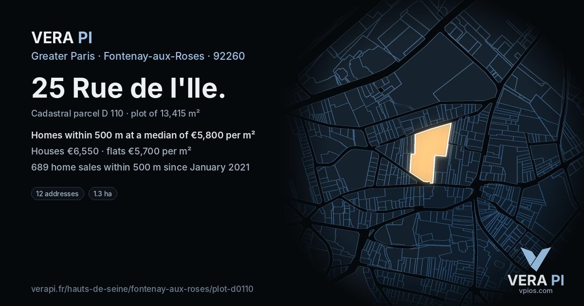 25 Rue de l'Ile, Fontenay-aux-Roses at night – the plot lit, the parcels around coloured by the prices near them