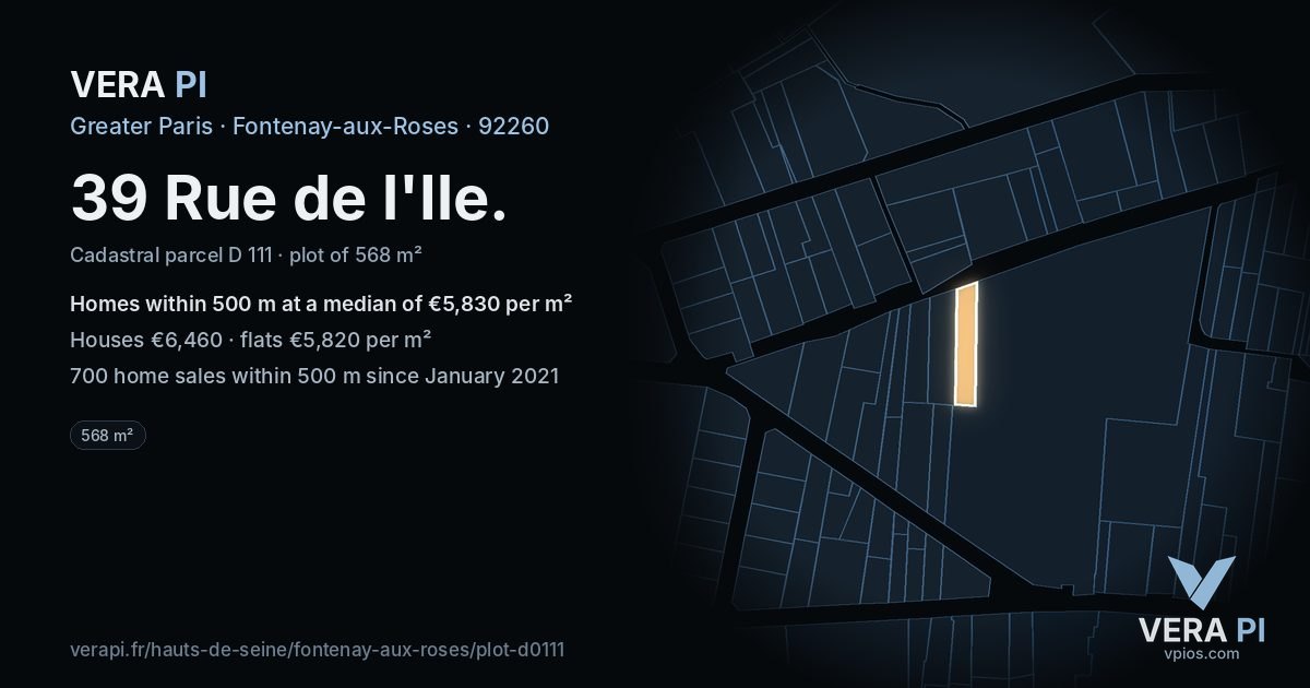 39 Rue de l'Ile, Fontenay-aux-Roses at night – the plot lit, the parcels around coloured by the prices near them