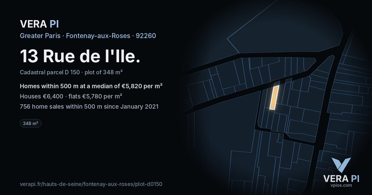 13 Rue de l'Ile, Fontenay-aux-Roses at night – the plot lit, the parcels around coloured by the prices near them