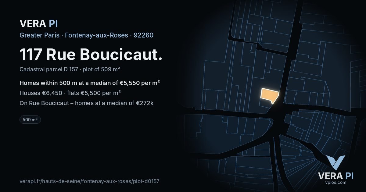 117 Rue Boucicaut, Fontenay-aux-Roses at night – the plot lit, the parcels around coloured by the prices near them