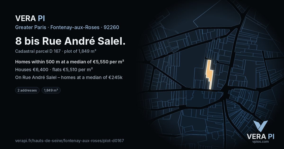 8 bis Rue André Salel, Fontenay-aux-Roses at night – the plot lit, the parcels around coloured by the prices near them