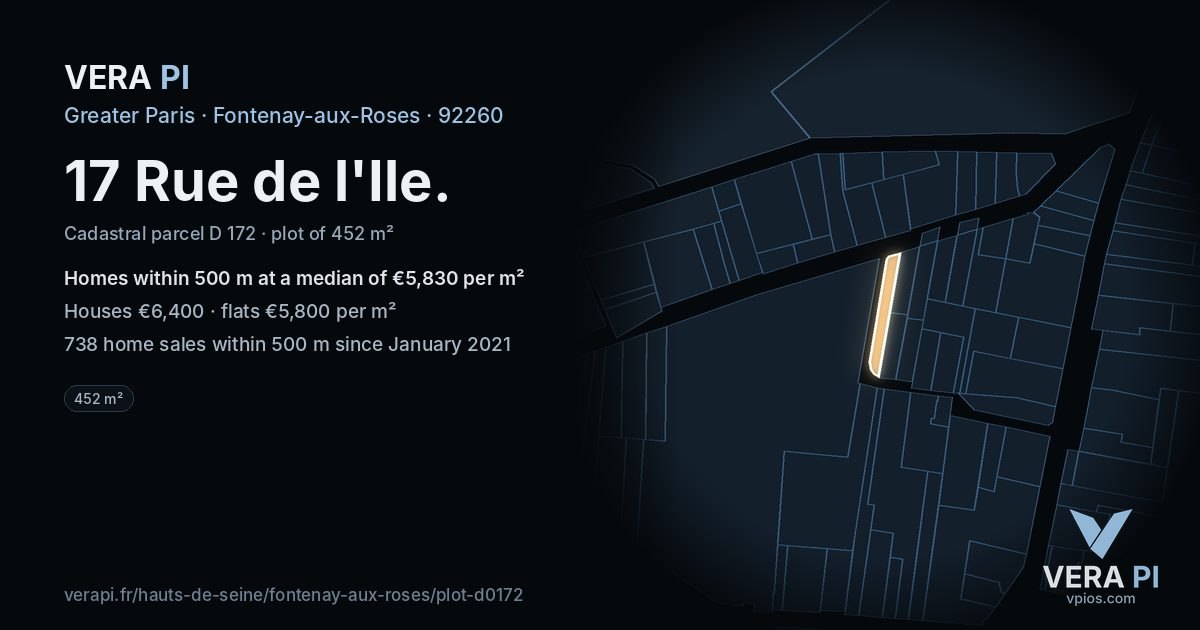 17 Rue de l'Ile, Fontenay-aux-Roses at night – the plot lit, the parcels around coloured by the prices near them