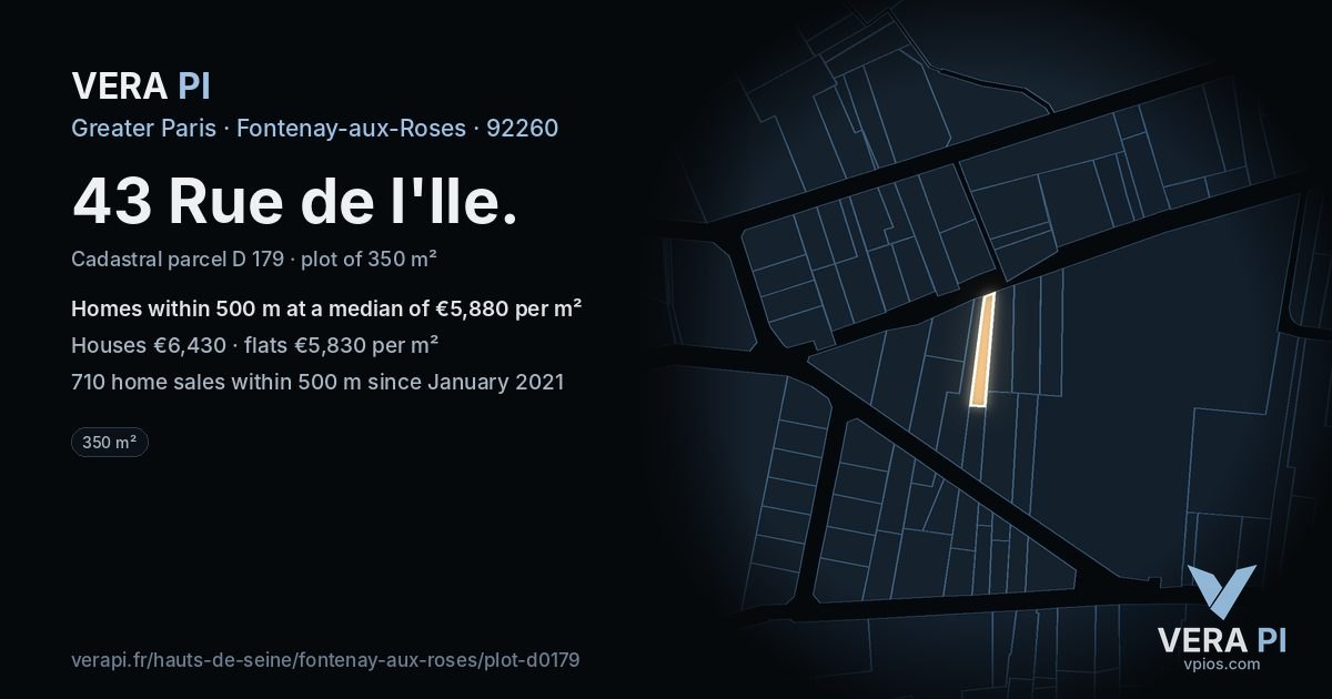43 Rue de l'Ile, Fontenay-aux-Roses at night – the plot lit, the parcels around coloured by the prices near them