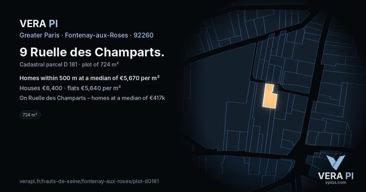 9 Ruelle des Champarts, Fontenay-aux-Roses at night – the plot lit, the parcels around coloured by the prices near them