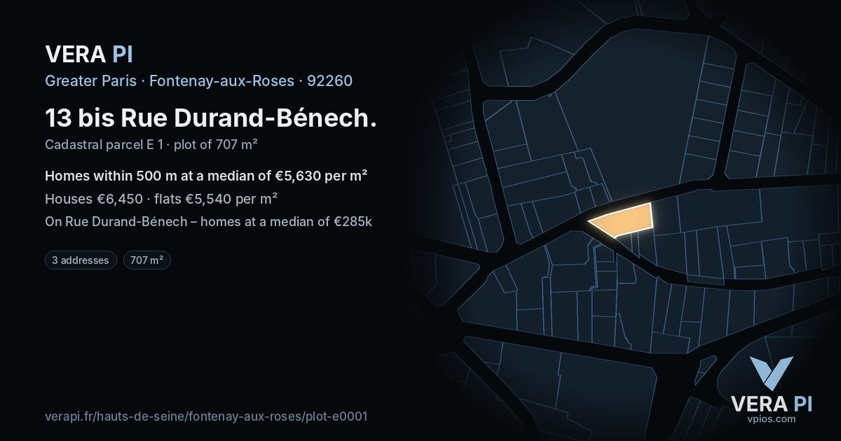 13 bis Rue Durand-Bénech, Fontenay-aux-Roses at night – the plot lit, the parcels around coloured by the prices near them