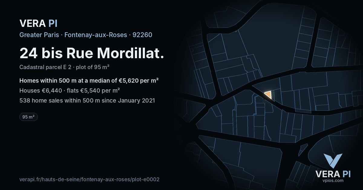 24 bis Rue Mordillat, Fontenay-aux-Roses at night – the plot lit, the parcels around coloured by the prices near them