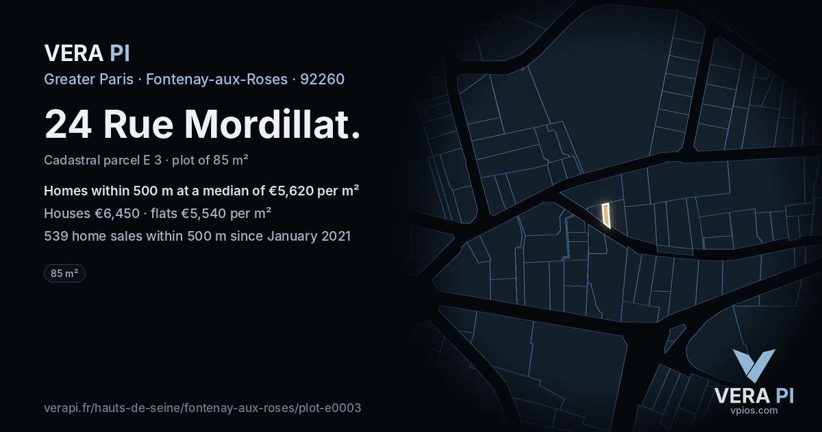 24 Rue Mordillat, Fontenay-aux-Roses at night – the plot lit, the parcels around coloured by the prices near them