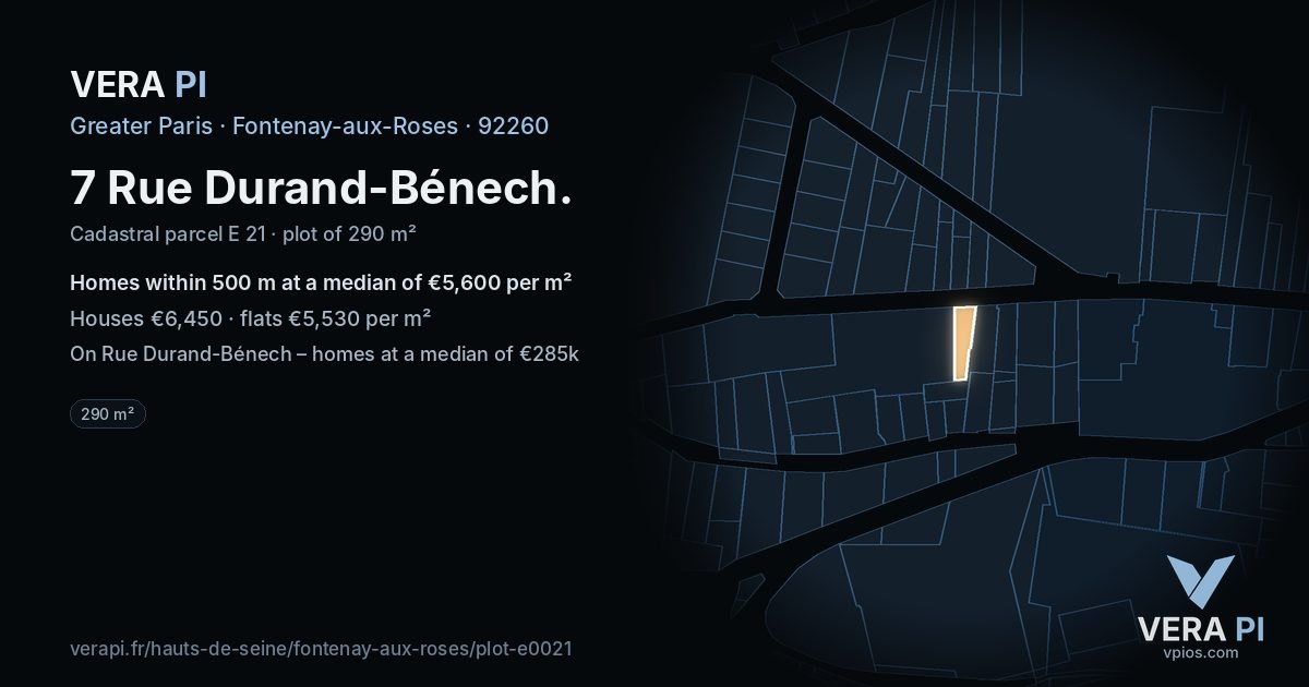 7 Rue Durand-Bénech, Fontenay-aux-Roses at night – the plot lit, the parcels around coloured by the prices near them