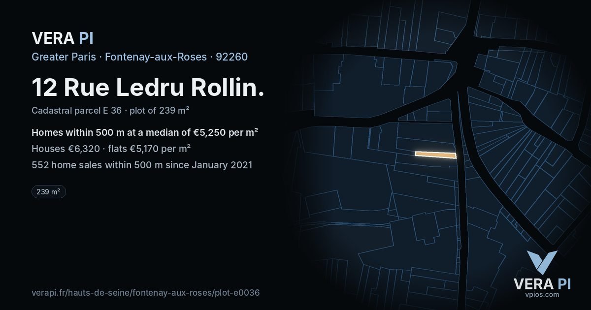 12 Rue Ledru Rollin, Fontenay-aux-Roses at night – the plot lit, the parcels around coloured by the prices near them