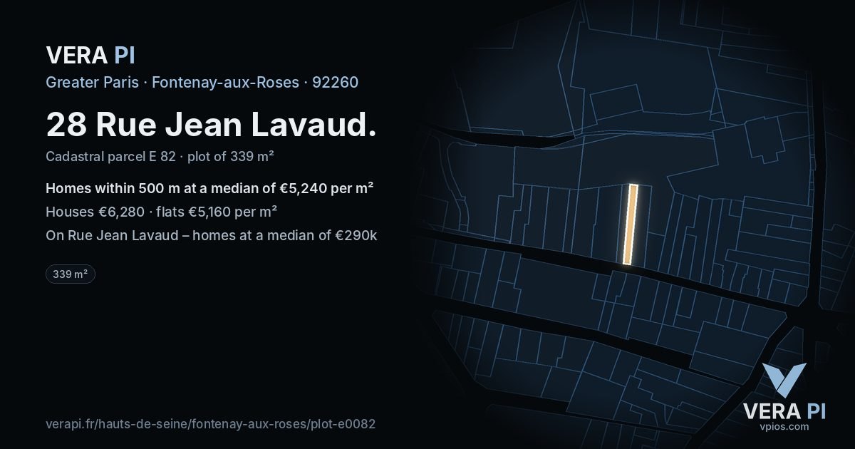 28 Rue Jean Lavaud, Fontenay-aux-Roses at night – the plot lit, the parcels around coloured by the prices near them