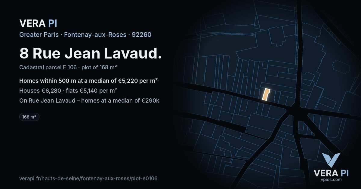 8 Rue Jean Lavaud, Fontenay-aux-Roses at night – the plot lit, the parcels around coloured by the prices near them