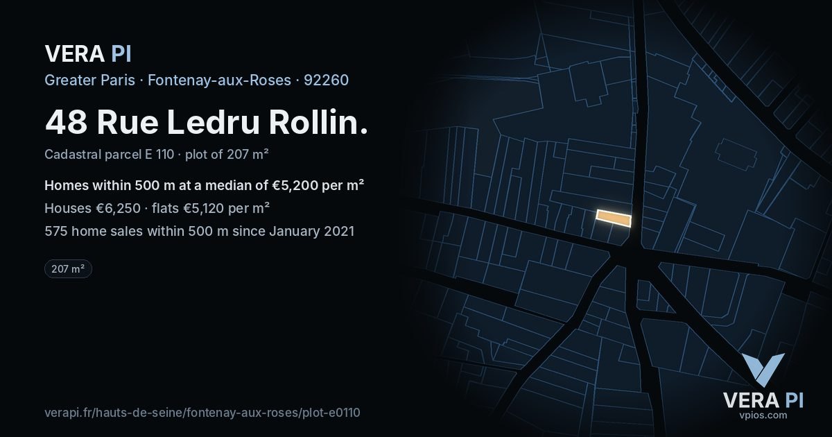 48 Rue Ledru Rollin, Fontenay-aux-Roses at night – the plot lit, the parcels around coloured by the prices near them