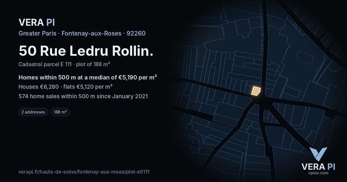 50 Rue Ledru Rollin, Fontenay-aux-Roses at night – the plot lit, the parcels around coloured by the prices near them