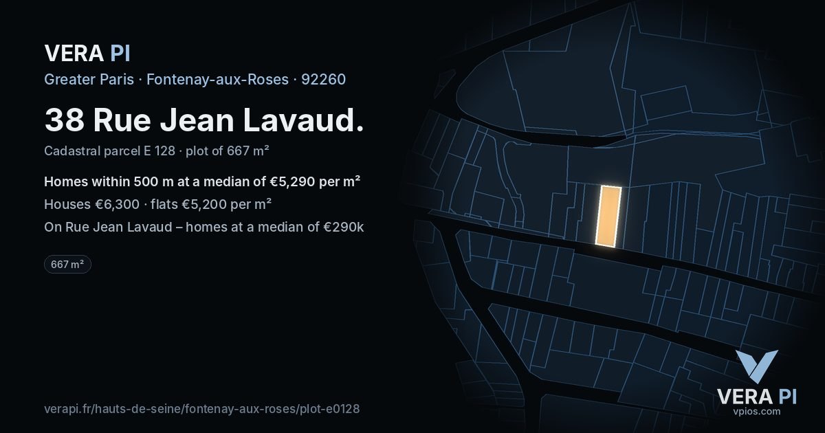 38 Rue Jean Lavaud, Fontenay-aux-Roses at night – the plot lit, the parcels around coloured by the prices near them