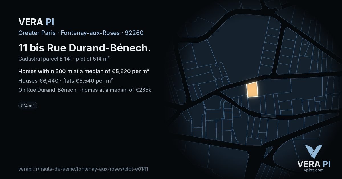11 bis Rue Durand-Bénech, Fontenay-aux-Roses at night – the plot lit, the parcels around coloured by the prices near them