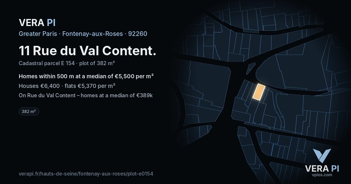 11 Rue du Val Content, Fontenay-aux-Roses at night – the plot lit, the parcels around coloured by the prices near them